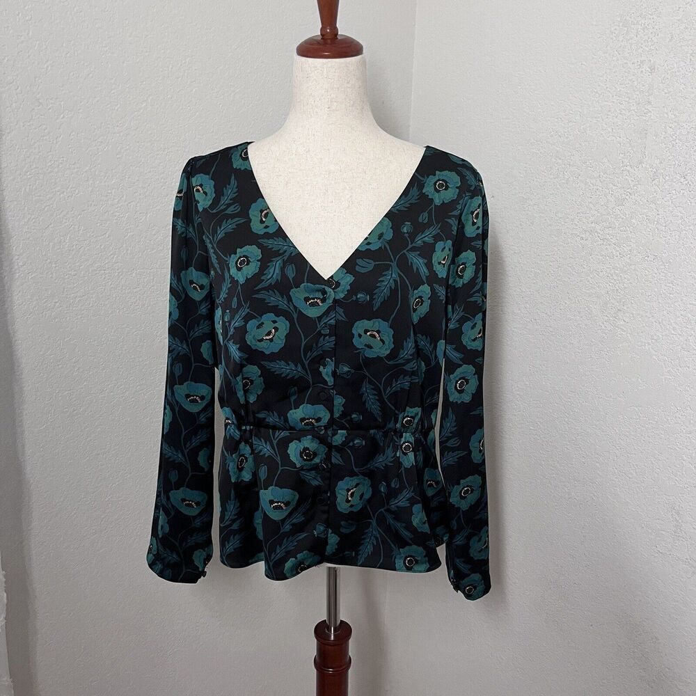 J. Crew Satin Peplum Blouse Women Sz 14 Blue Green Satin Button Front V-neck